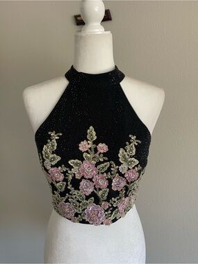 City Triangles Black Halter Crop Top with Pink and Gold Floral Appliqué